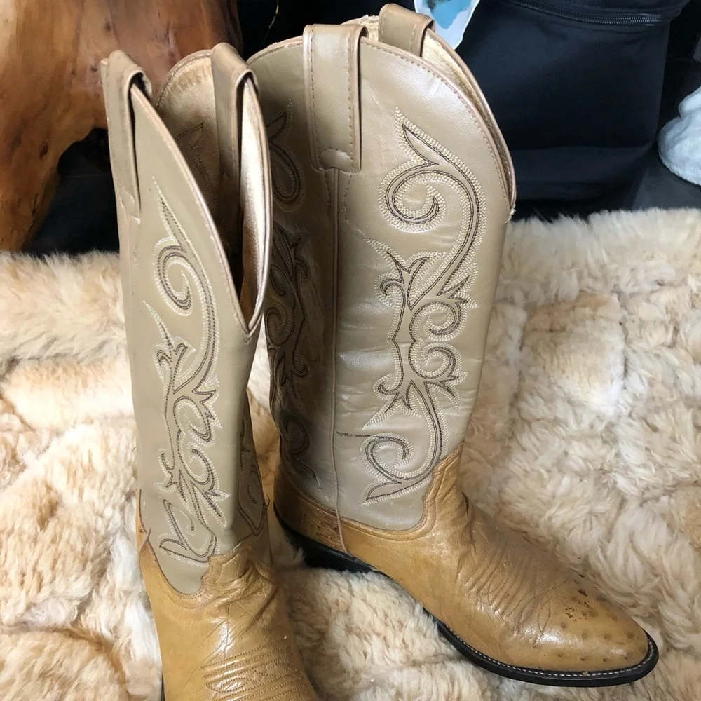 Cowboy boots 9.5/10 women 8D mens tan beige ostrich vintage - Picture 6 of 8